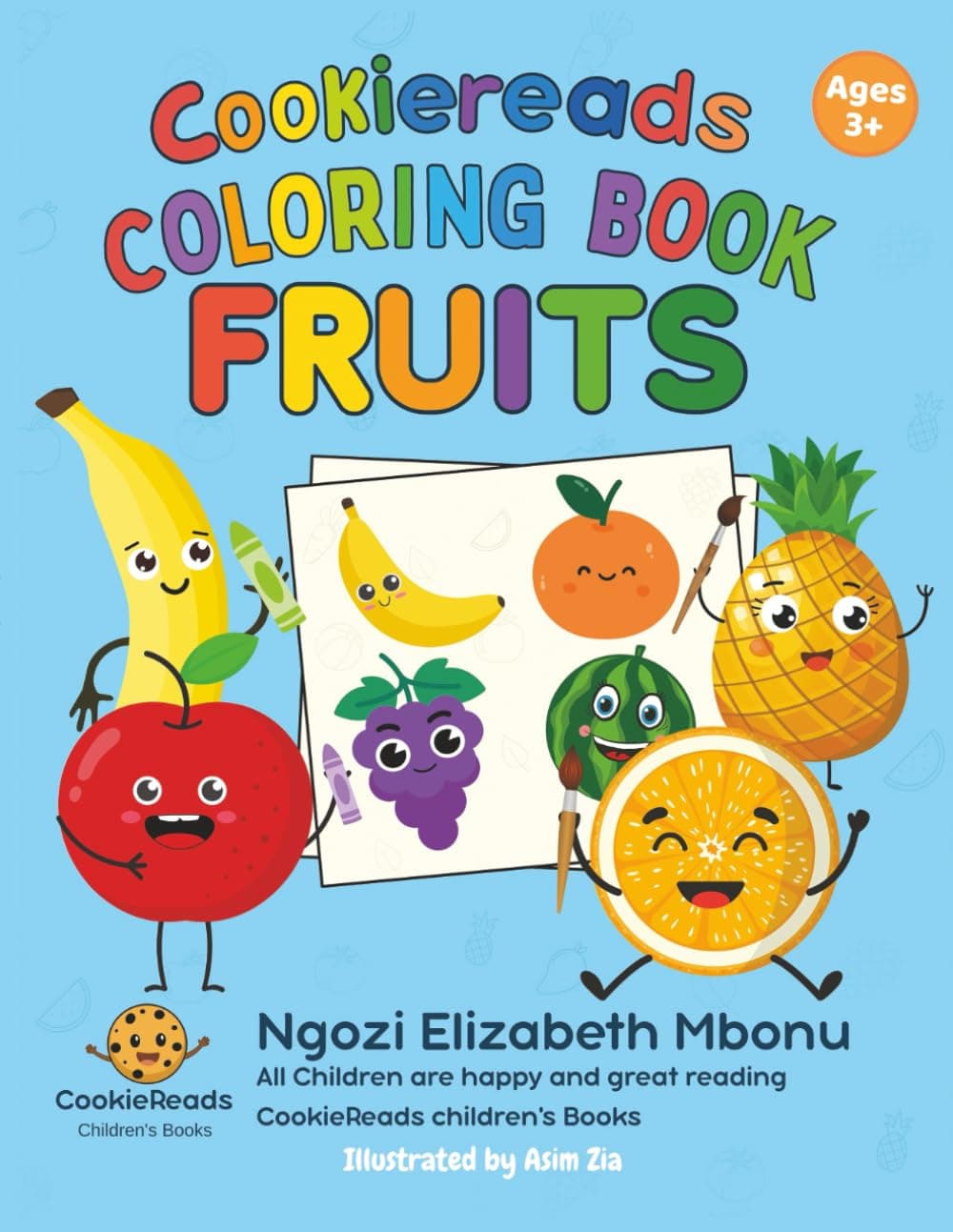 Cookiereads coloring book cover featuring cheerful cartoon fruit characters on a bright blue background.
