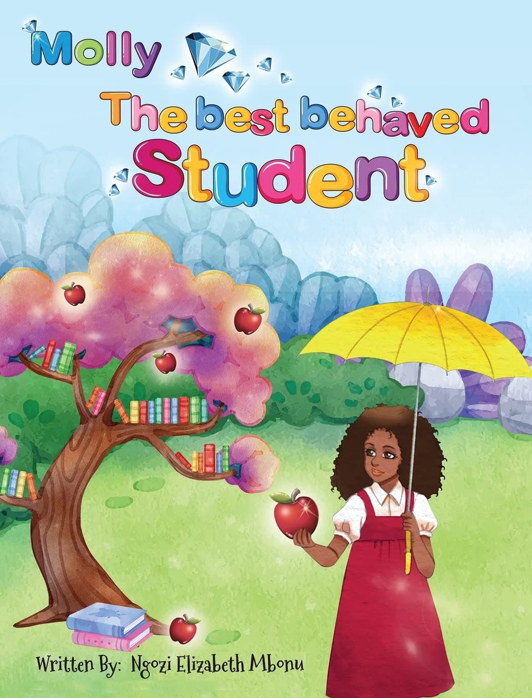 Girl with yellow umbrella and apple stands beside a whimsical tree growing books and apples.