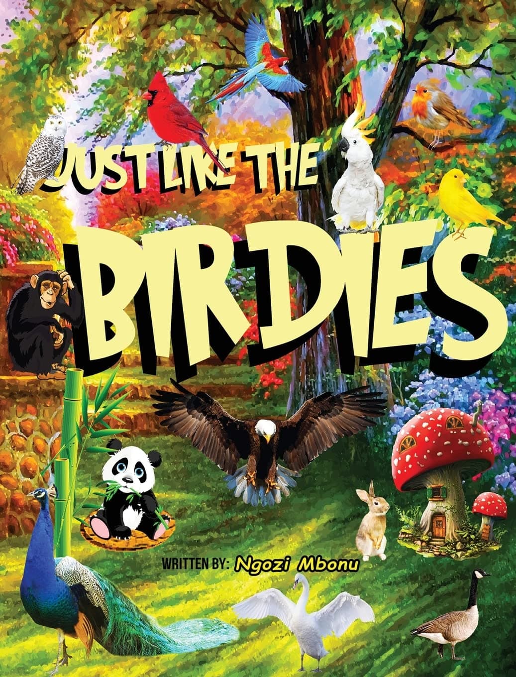 Colorful book cover titled "JUST LIKE THE BIRDIES" featuring diverse birds and forest animals.