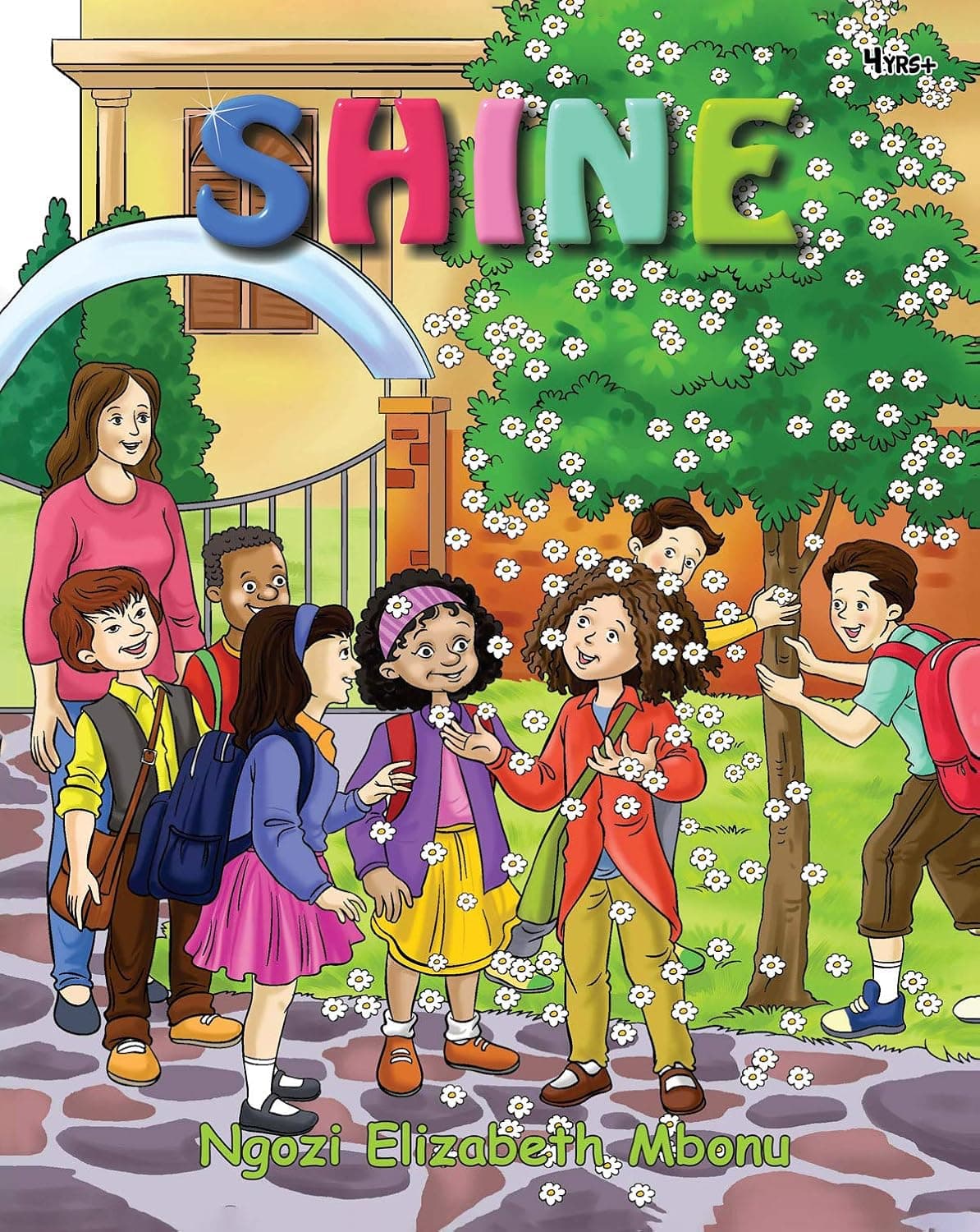 Diverse children and a teacher under falling white blossoms on the Shine book cover.