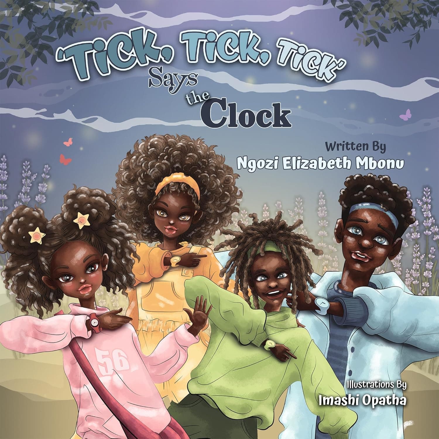 Illustrated book cover showing four Black children wearing wristwatches in a field of lavender.