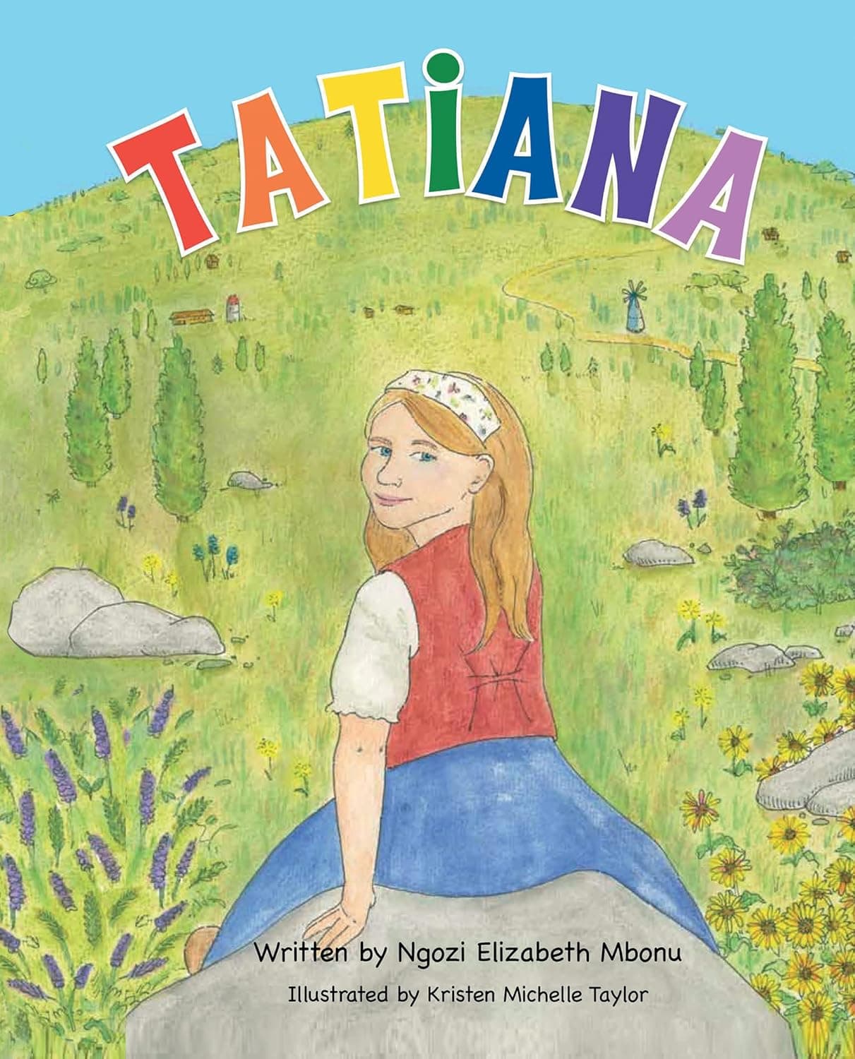 Illustrated book cover titled "Tatiana" showing a girl sitting in a flowery green field.