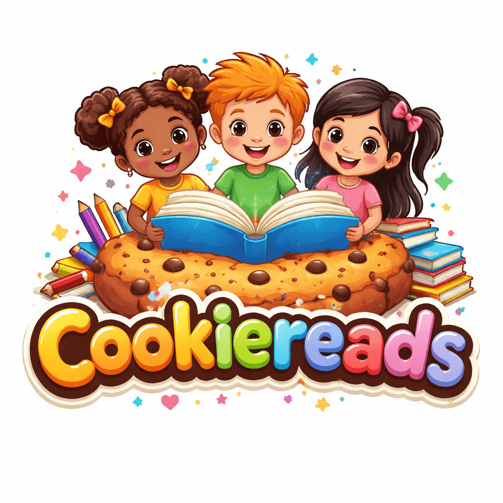 Three diverse children reading a book behind a giant chocolate chip cookie with Cookiereads logo.