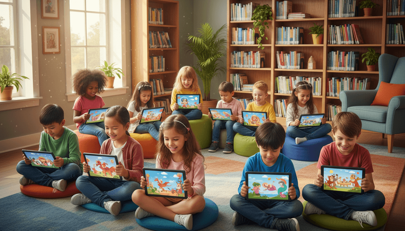 Children reading colorful picture books together in a bright, welcoming space